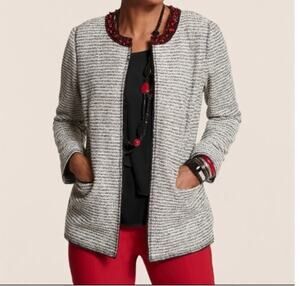 NWT Chicos Black Ivory Tweed Knit Red Beaded Embellished Open Blazer Sz M (1)